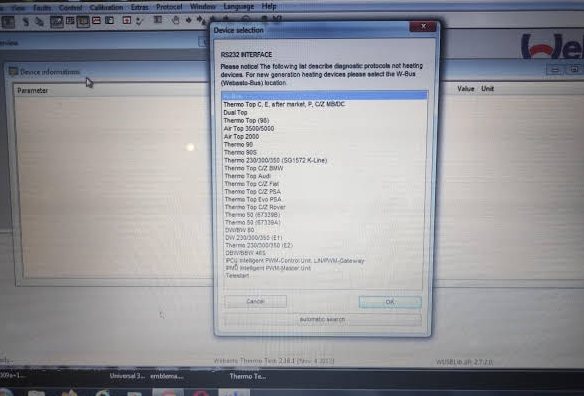 Ecran de laptop cu software de diagnoză pentru sisteme de încălzire auxiliară